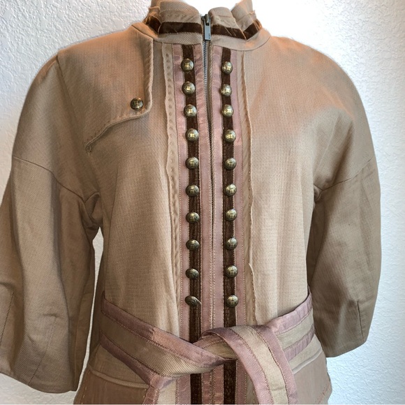 New BCBGMaxAzria $398 Long Lined Military Belted Tan Coat Jacket Medium RARE - Picture 11 of 15